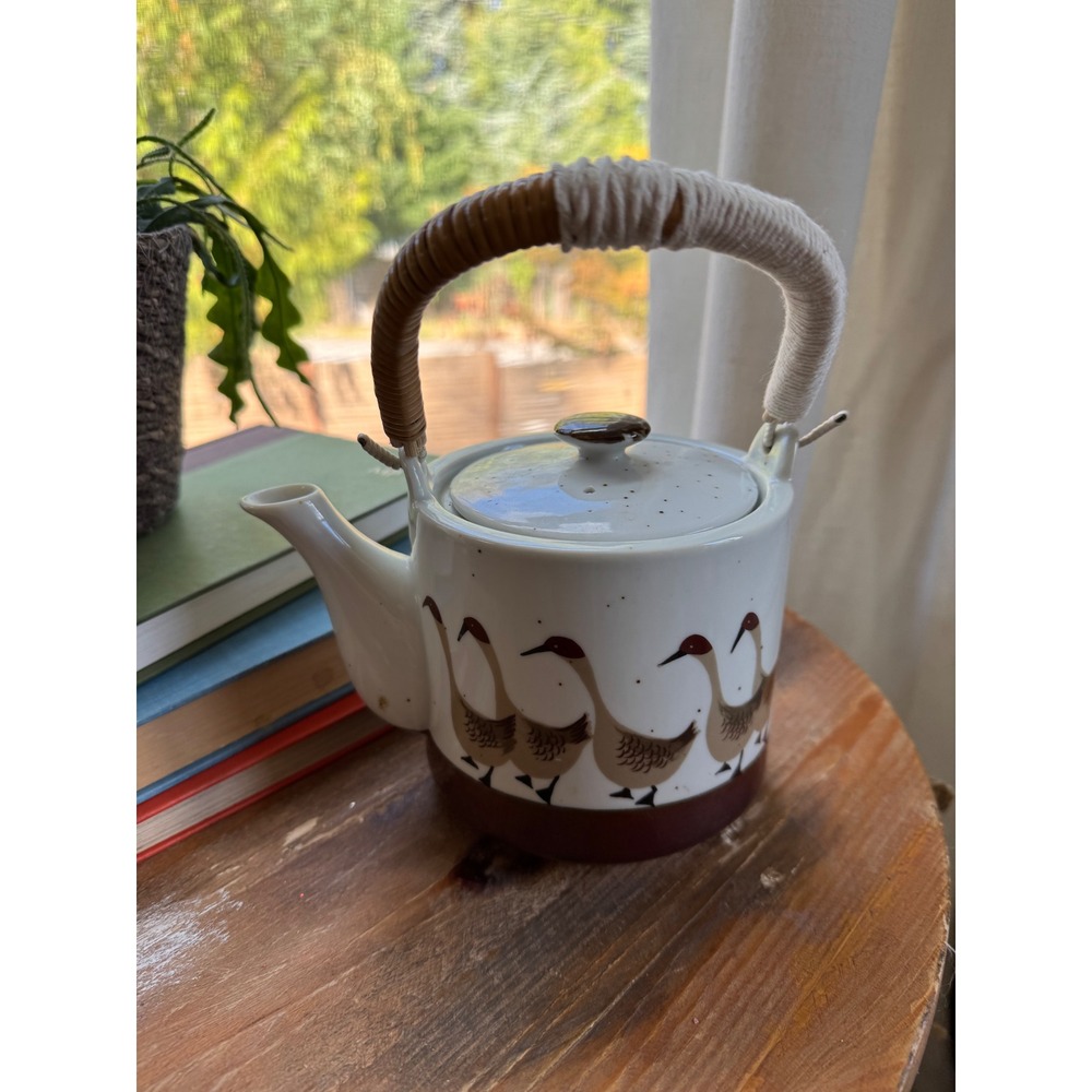 Vintage Ceramic Goose Teapot with Bentwood Handle Speckled Glaze Bird Design